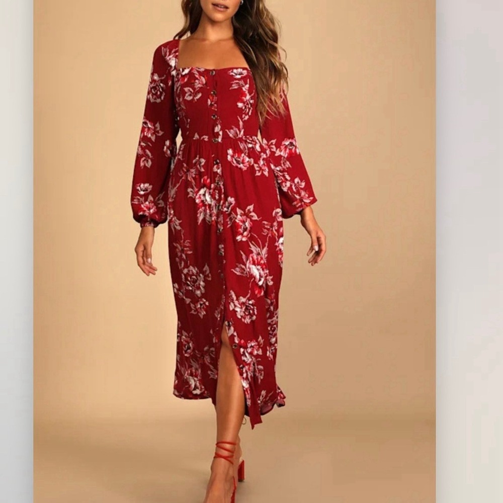 NWT Lulus Total Perfection Burgundy Floral Print Tie-Back‎ Midi Dress SMALL